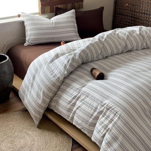 Image of VM VOUGEMARKET Striped Duvet Cover Set, 100% Washed Cotton Textured Minimalist Bedding Set, Ticking Pinstripe Farmhouse, 3 Pieces, White Black Stripes, Queen Size