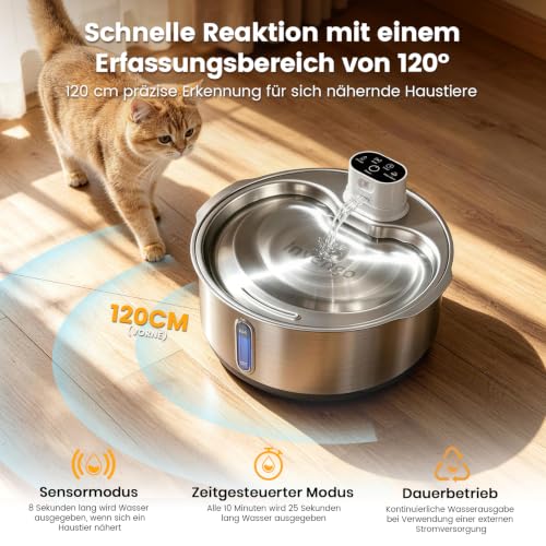 Invengo 8L kabelloser Trinkbrunnen aus Edelstahl für Hunde, 1 Filter | 5000 mAh Akku, 45 Tage Standby-Zeit, Infrarot-Sensor mit 1,2 m / 120° Erfassungsbereich, 3 Modi, LED-Anzeige – Produktbild 6