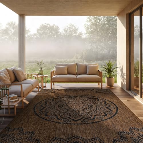 CAMILSON Outdoor Rug 8x10 Medallion Gold/Black Waterproof
