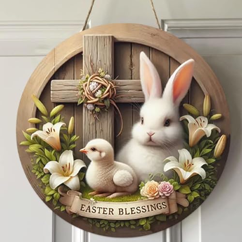 Easter Wreaths,SWEKKE Easter Wreath for Front Door, Wooden Easter Bunny Chick Decor Door Sign Wreath 12 Inch, Easter Welcome Door Sign Easter Decorations, Easter Lily Flower Rabbit Welcome Door Sign
