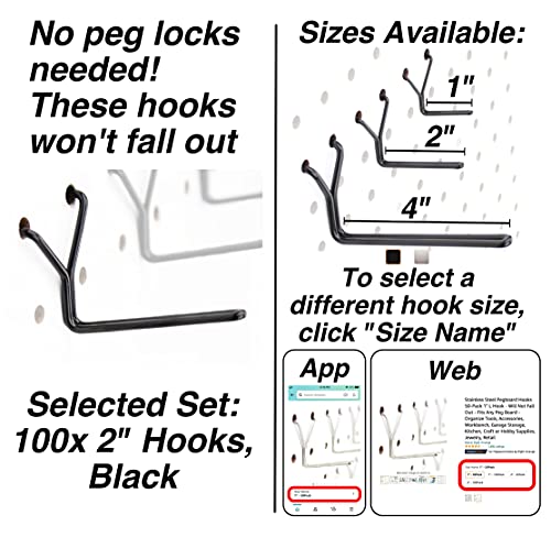 Right Arrange Steel Pegboard Hooks 50-Pack 2" L Hook, Black - Will Not Fall Out, Fits Any Peg Board - Organize Tools, Accessories, Workbench, Garage Storage, Kitchen, Crafts, Jewelry, Retail
