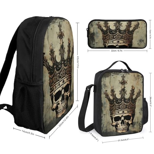 3 Piece Backpack for Women Men Lightweight Causal Daypack Shoulder Bag Set with Insulated Lunch Bag And Pencil Case Organizers Elegant Skull Crown2