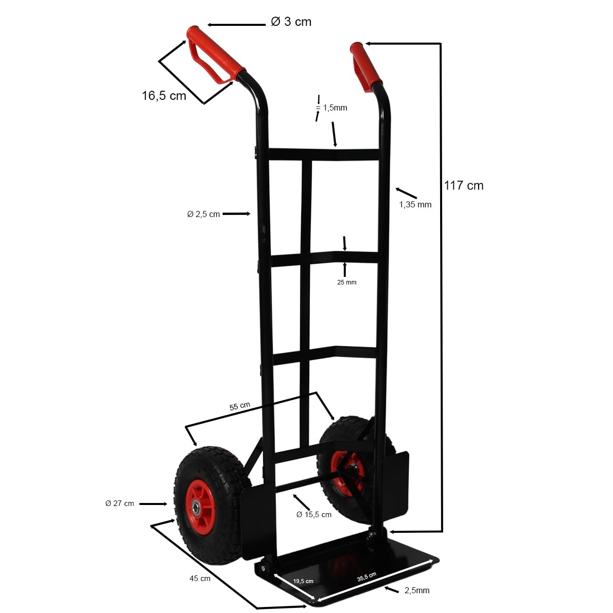 HELO Transportkarre Sackkarre bis 200 kg belastbar (schwarz) mit Luftbereifung, Stahlschweißkonstruktion lackiert, Sicherheits Haltegriffe aus robustem Kunststoff