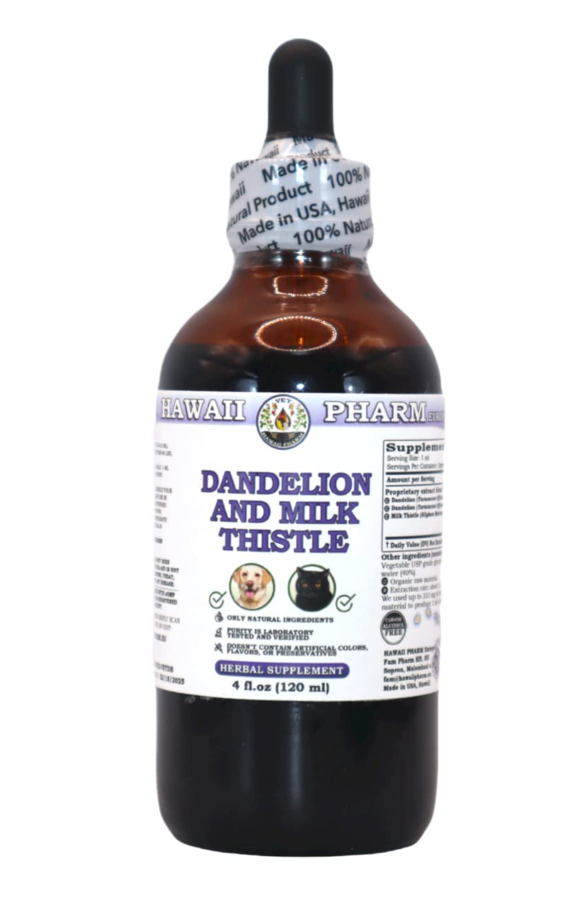 Hawaii Pharm Europe Dandelion and Milk Thistle Veterinary Natural Alcohol-Free Liquid Extract, Pet Herbal Supplement 120 ml