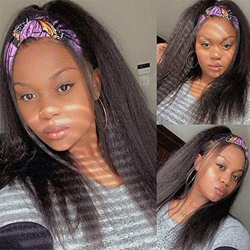 LEOSA Yaki Straight Headbands Wigs for Women,Long Kinky Straight Half Wig with Headband Attached Natural Black Headband Wig Synthetic Scarf Wigs for Black Women Straight Hair Wigs Headband for Wigs