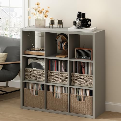 Image of Furinno Cubicle Record Player Stand, 9-Cube Record Storage, Light Grey | Vinyl Storage, 1.2 inchInch Extra Thick, Open Back Media Shelf for CD DVD Bluray Game Disc, for Living Room, Home Office