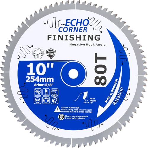Echo Corner 10 Inch Fine Finish Sliding Compound/Radial Arm Miter Saw Blade 80-Tooth, (-5°) Negative Hook Angle, 5/8' Arbor