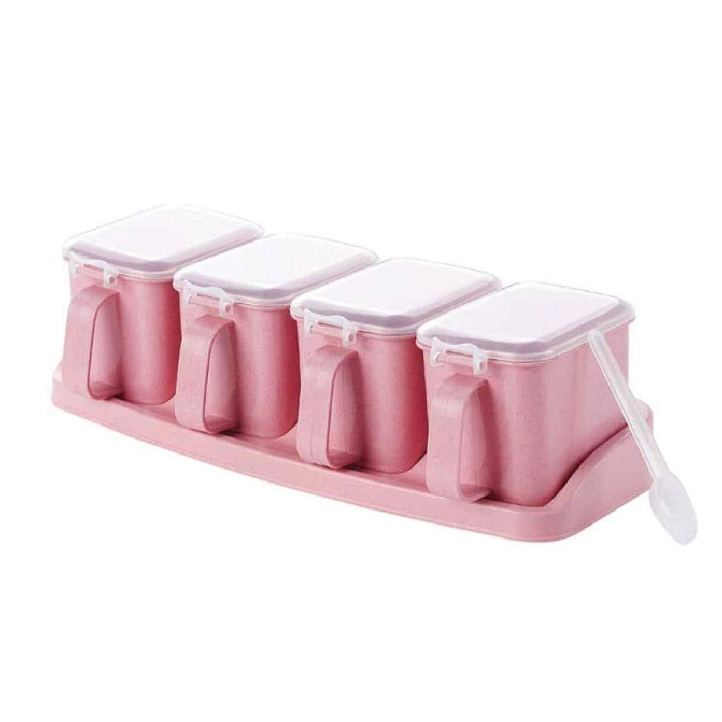 HRWLY 4 Grid Kitchen Seasoning Organizer, for Salt Sugar Aginomoto Spices Storage Case Box Rack, Condiment Jars，Cruet with Cover and Spoon