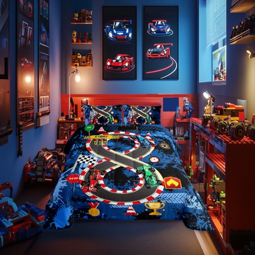 Racing Track Boys Car Bed Comforter Sets,Twin Cars Bedding Set Teens Cartoon Extreme Sports Quilt Set for Bedroom Decoration,Car Lover Bedding,Cool Speed Bedding Comforter Set Kids Quilt Comforter