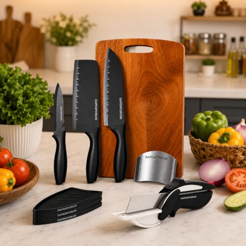 Image of Kitchen Knife Set with Wood Board, Slicer Cutter & Finger Guard (6 Pcs Set) | 3-Pcs Stainless Steel Knives for Veggis, Fruit & Meat Cutting, Sharp Durable Blades with Cover Cooking Knives for Kitchen