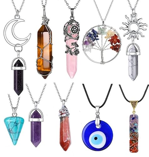 10 Pcs Crystals Pendant Necklace For Women Girls Chakra Healing Necklace, Tree Of Life Wire Wrapped Healing Crystal Stone Necklace, Evil Eye Necklace, Hexagonal Crystal Necklaces, Sun Moon Pendants #TOP1