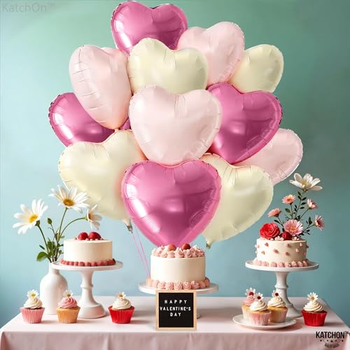 Image of KatchOn, Pastel Valentines Heart Balloons Foil - 18 Inch Pack of 12 | Heart Shaped Balloons for Valentines Day Decorations | Galentines Balloons, Galentines Day Decorations | Valentines Heart Balloons
