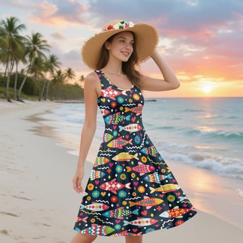 Image of Women's Casual Loose Sundress Midi Sleeveless Crewneck Dress Summer Beach Tank Dress with Pockets