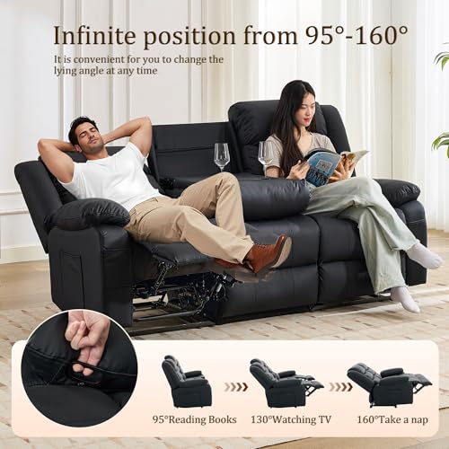 Korser Recliner Sofa, Reclining Loveseat with Console, Oversized Reclining Couch with Drop Down Table, 3-Seater Sofa with Cup Holder and Recessed Power Strip, Black - image 3