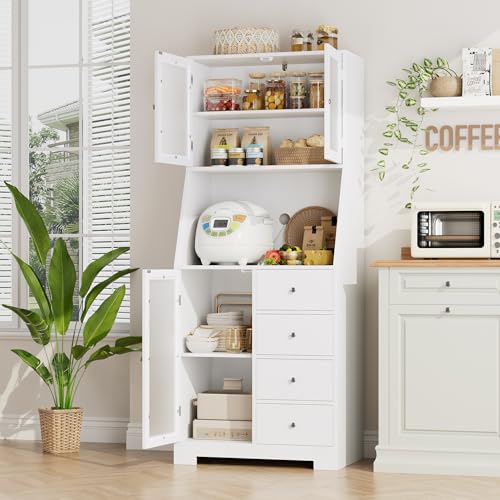 HOCSOK Tall Kitchen Cupboard, Tall Storage Cabinet with 3 Doors and 4 Drawers, Tall Cabinet Kitchen for Living Room, Dining Room, Bar, Modern Style
