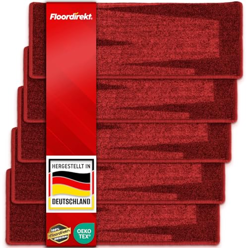 Floordirekt Stufenmatten Via Veneto mit Pinselstrich Design 1 Stück Treppen-Teppich - 65 x 23,5cm, rechteckig, sauber eingekettelt, Starke Befestigung, stabile Winkelschiene/Farbe Rot