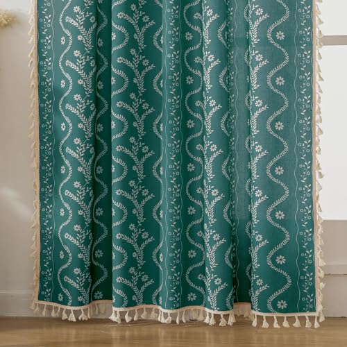 Image of Boho Curtains 45 Inch Long for Living Room, Bedroom, 2 Panels Floral Farmhouse Vintage Tassel Semi Sheer Light Filtering Privacy Window Curtain Drapes with Rod Pocket