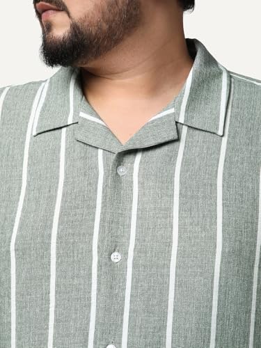Image of Urbano Plus Men's Cotton Half Sleeve Relaxed Fit Linen Striped Shirt with Cuban Collar