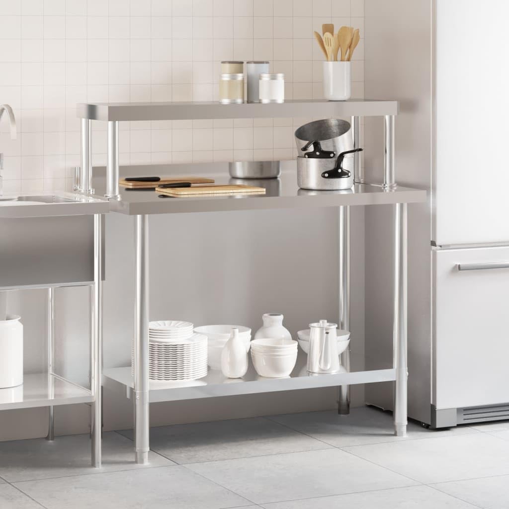 Tavolo da lavoro da cucina in acciaio inox con ripiano, 110 x 55 x 120 cm, per gastronomia, ristorante, hotel, catering, grandi cucine, professionale, durevole, igienico, stabile, versatile