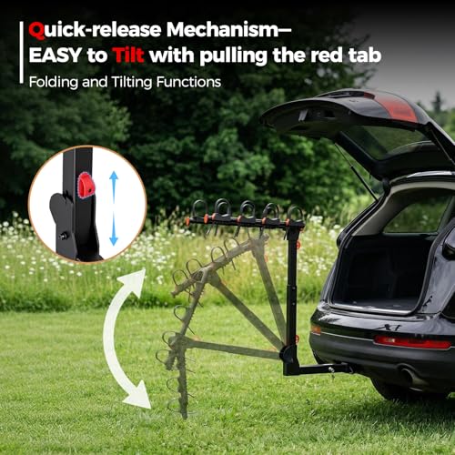 LOAVFIO Bike Rack for Car, Truck, SUV, Tilting Foldable Bike Rack with 2 Inches Hitch and Adjustable Cradles, 4 Bike Hitch Rack, Up to 165 LBS, Double Lock Design, Black