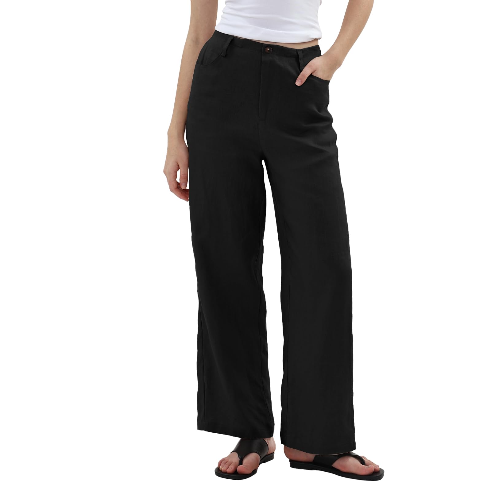 Amazhiyu Pantaloni da donna in puro lino, pantaloni casual da donna con tasche aderenti, pantaloni da salotto per il Regno Unito