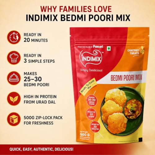Image of INDIMIX Bedmi Puri Mix 500g | Ready-to-Cook Urad Dal Bedmi Puri Atta, Instant Masala Puri, Authentic North Indian Breakfast, From the House of Pansari