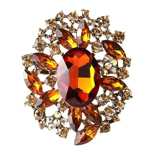Image of Wedding Bridal Big Crystal Rhinestone Bouquet Brooch Pin for Women (Champagne Vintage Flower)