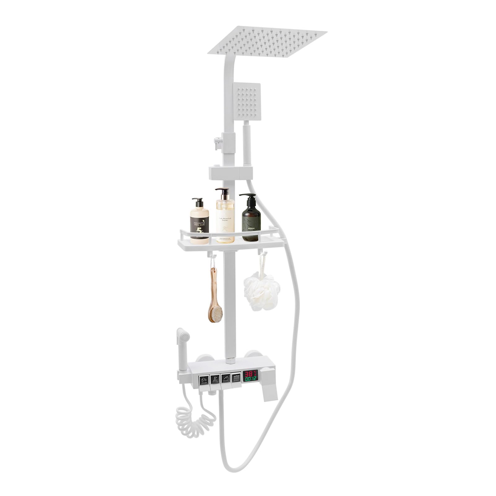 Conjunto de ducha con 4 salidas y termostato LED indicador de ducha de acero inoxidable con alcachofa de mano (manguera de 1,5 m) y cesta de almacenamiento para baño y hotel, color blanco