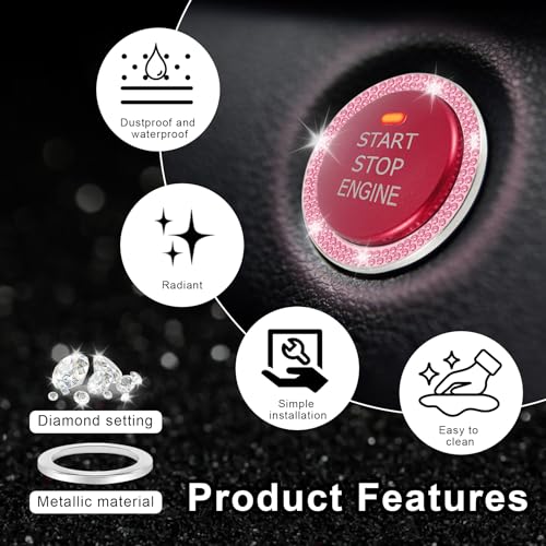 LivTee 2 PCS Crystal Double Rhinestone Car Engine Start Stop Decoration Ring, Bling Car Interior Accessories for Women, Push to Start Button Cover/Sticker, Key Ignition & Knob Bling Ring, Pink