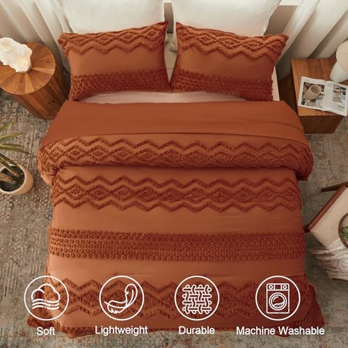 Image of Luxudecor Terracotta Boho Tufted Comforter Set King Size 3 Pieces Boho Shabby Chic Comforter Farmhouse Embroidery Bedding Set Soft Comforter for All Seasons (Terracotta, 104''x90'')