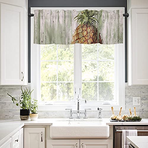 Summer Retro Pineapple Window Valance Rod Pocket Short Curtain Tropical Fruits On Wooden Board Privacy Kitchen Valances, Windows Curtains Drape For Bathroom Living Room Vintage Farm Wood Grain #TOP1