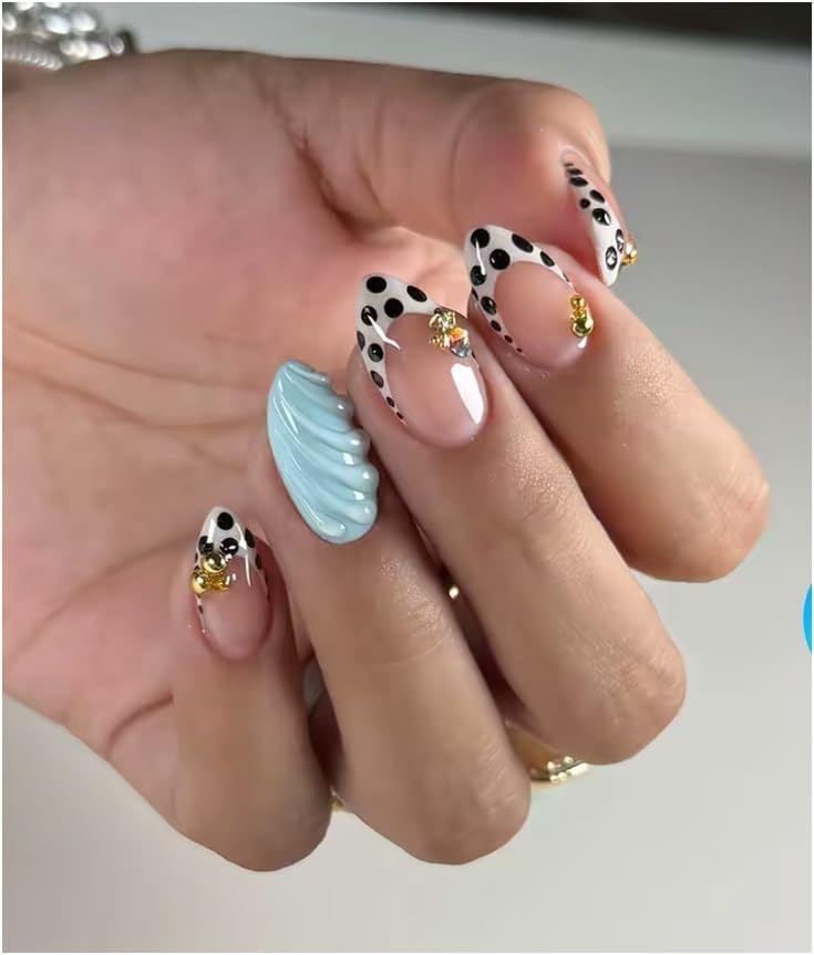 NAILS ELEGANCE - Handmade Blue Shell & Polka Dot Press-On Nails Set of 10 with Application Kit-image-49