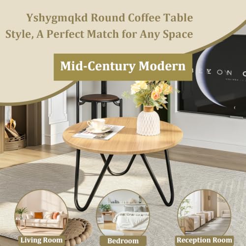 Image of Round Coffee Table 23.6 inch Small Coffee Table for Living Room Modern Circle Center Table with Metal Frame Wood Sofa Table for Reception Room Home Office Natural Color