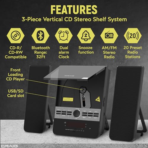 Craig 3-Piece CD Stereo Shelf System with Bluetooth, AM/FM Radio, Remote - Black