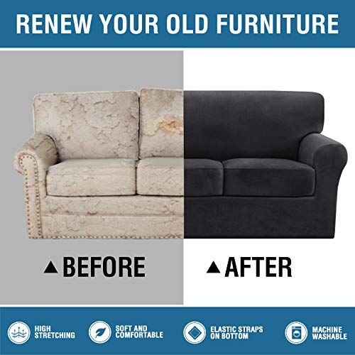 H.versailtex Thick Striped Velvet 4 Piece Stretch Sofa Covers Couch Covers For 3 Cushion Couch Sofa Slipcovers (Base Cover Plus 3 Cushion Covers) Feature Soft Stay In Place(3 Cushion: 72"-88", Grey) #TOP4