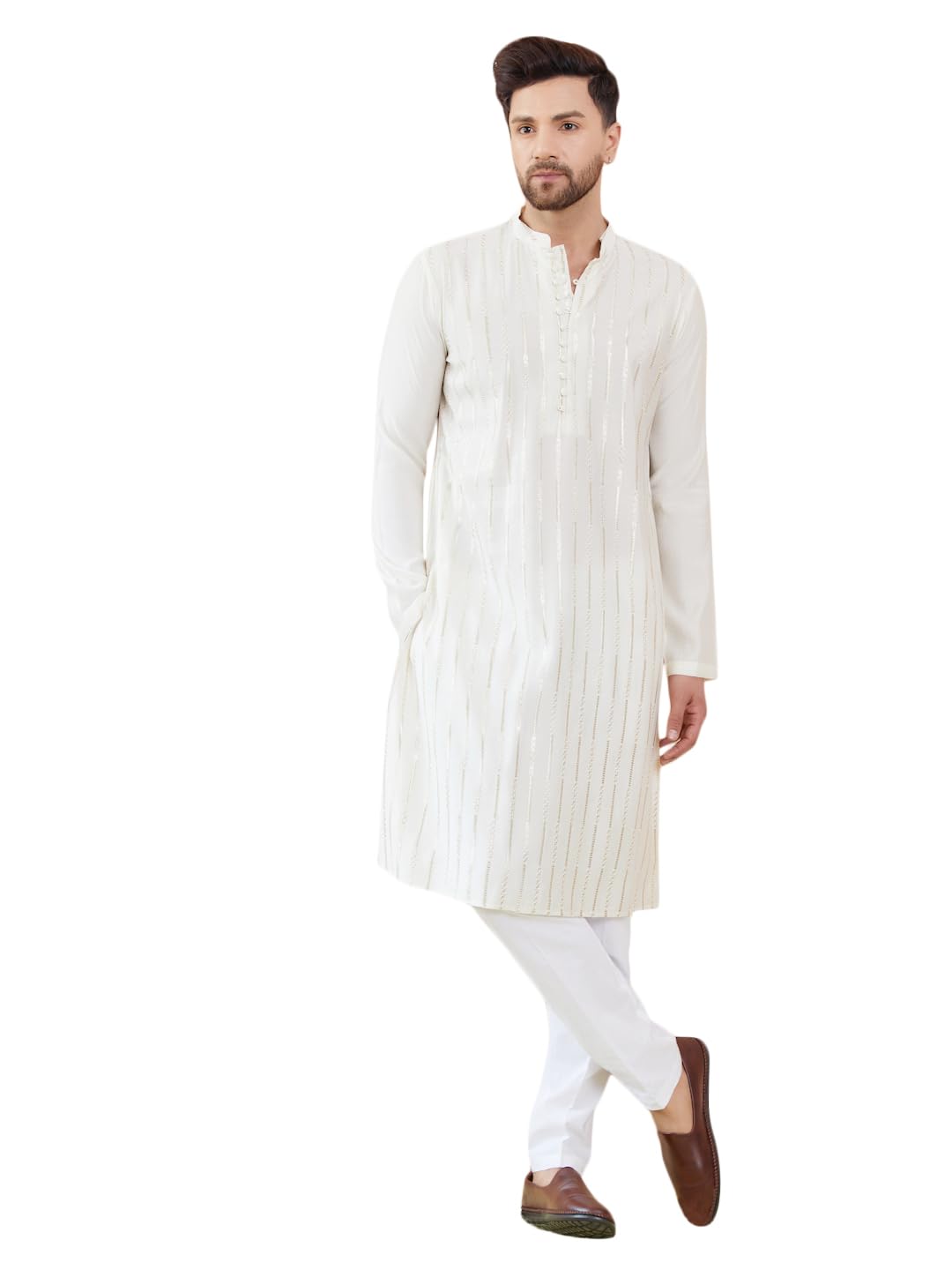 See Designs Men Full Sleeve Side Slit Off White And Gold Chanderi Silk Sequins Mandarin Collar Kurta - Sdkt2423Xs