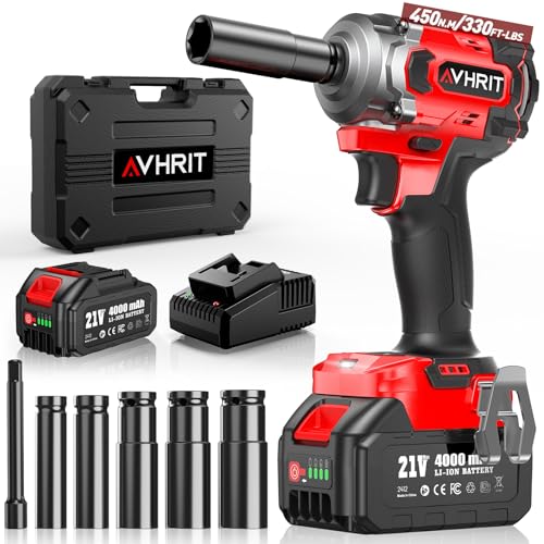 Cordless Impact Wrench 3/8 Inch, 450N.m/ 330Ft-lbs Electric Impact Gun with Blushless Motor, 4000mAh Battery, Charger, 5 Sockets, Power Impact Driver for Car Home, Tire Repair