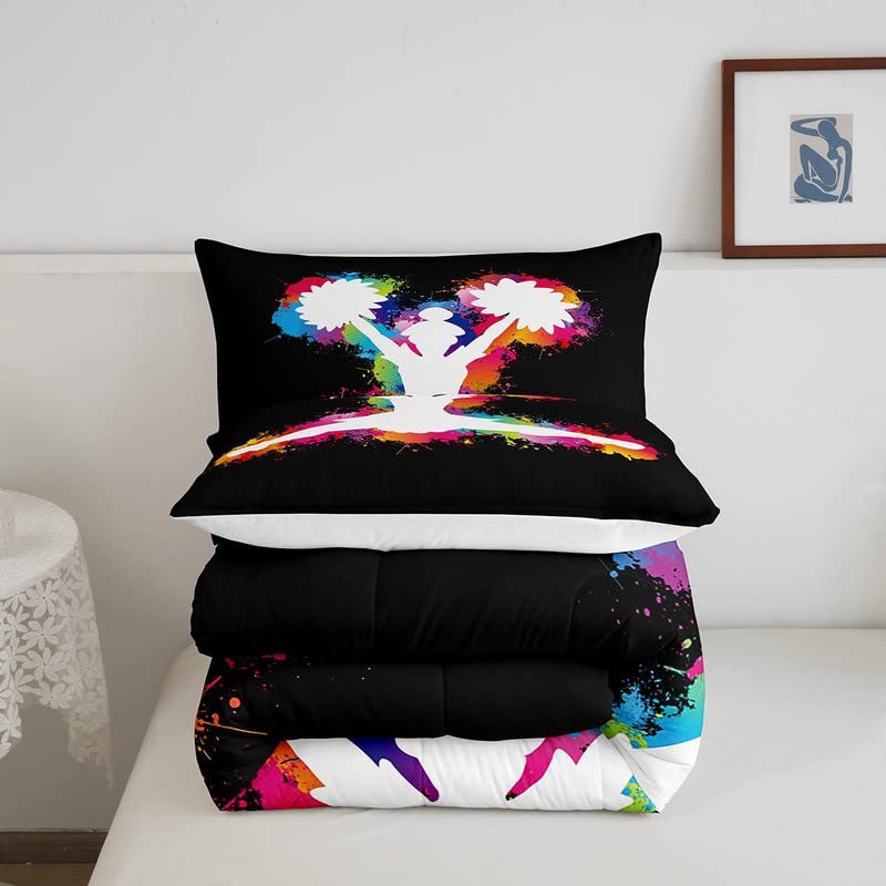Image of Feelyou Colorful Cheerleader Comforter Set Cheerleading Comforter for Kids Boys Girls Cheer Team Bedding Set Breathable Gymnastics Lovers Black Duvet Set Room Decor Quilt Set Full Size