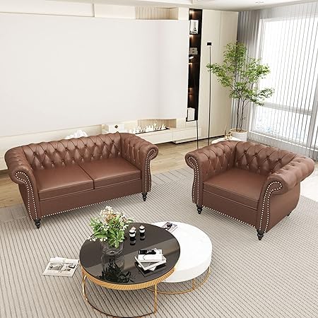 Image of WOODEN WORLD Modern & Classic Leather Sofa Set - Luxurious Comfort, Stylish Design, and Durable Build (Brown, 2+1 Seater)