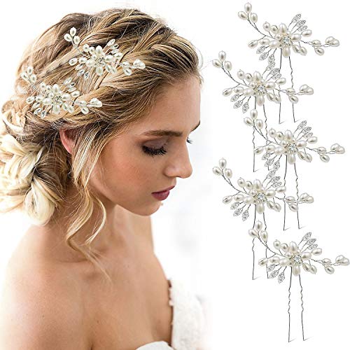 Vintage Pearl Flower Crystal Hair Pins for Wedding Party - MOOKLIN 5Pcs Sliver Pearl Rhinestone Ladies Bridal Jewelery Hair Accessories Headpiece for Women and Girls