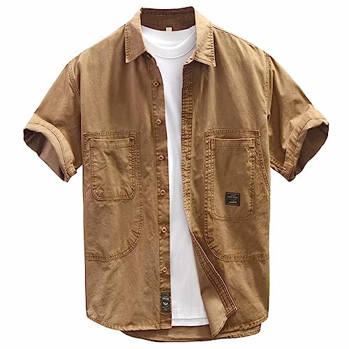 GIBZ Camicia Cargo Vintage da Uomo Abbottonata Morbida in Cotone Casual Maniche Corte Shirt per Estive, Cachi, XXL