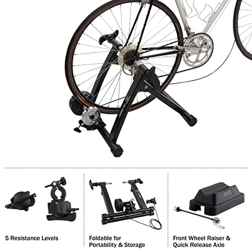 Exercise Bike Trainer - Indoor Bicycle Training Stand With Quiet 5-Level Magnetic Resistance And Front Wheel Riser Block By Bike Lane Black 15.75" X 18.5" X 21.5" #TOP6