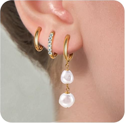 Surgical Steel Pearl Drop Dangle Small Gold Huggie Hoop Earrings Set