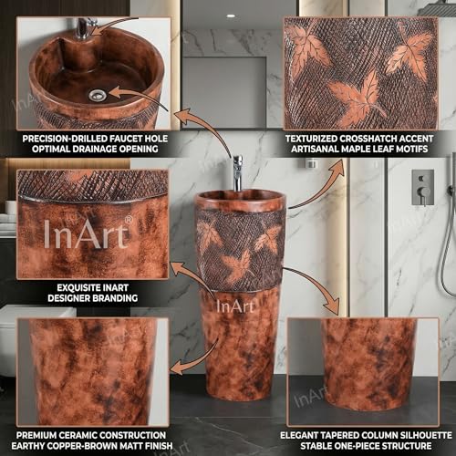 Image of InArt One Piece Ceramic Pedestal Free Standing Round Wash Basin for Living Room and Bathroom (15 x 15 x 33 Inch) (Wooden)