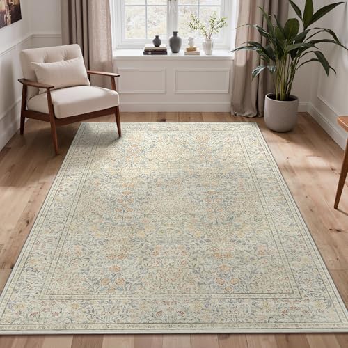 GENIMO 5x7 Area Rug for Living Room, Washable Vintage Floral Low-Pile Non-Slip Carpet for Bedroom Dining Room, Stain Resistant Botanical Accent Rug (Beige)