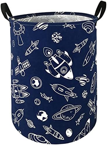DUYIY Canvas Storage Basket with Handle Large Organizer Bins for Dirty Laundry Hamper Baby Toys Nursery Kids Clothes Gift Basket (Navy Spacecraft)