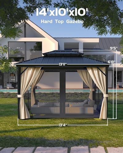 Hardtop Gazebo 10'x14' for All Weather, with Double Metal Roof, Aluminum Alloy Frame, Net, and Curtain, Permanent Building for Patio, Deck, Backyard, Lawn, and Garden,Khaki