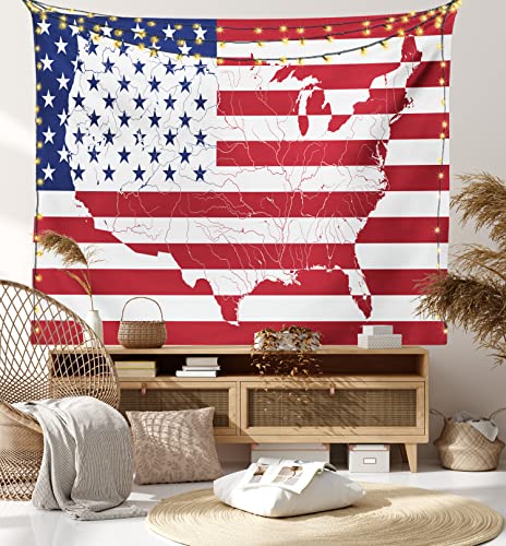 Ambesonne American Flag Tapestry, America Continent Shaped Flag Martial Design International World Glory Print, Wide Wall Hanging For Bedroom Living Room Dorm, 80" X 60", Indigo Red #TOP6