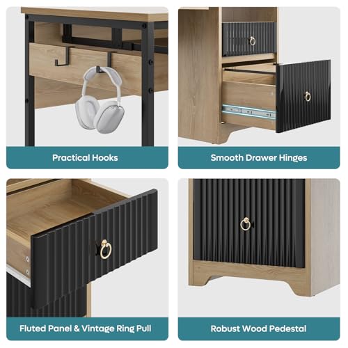 Image of Bestier 55 Inch Office Desk with Fluted Panel & Keyboard Tray, Natural Oak | 55 X 22 In Work Surface, File Drawer, Reversible Pedestal, Fluted Panels And Keyboard Tray For Home Office Storage.