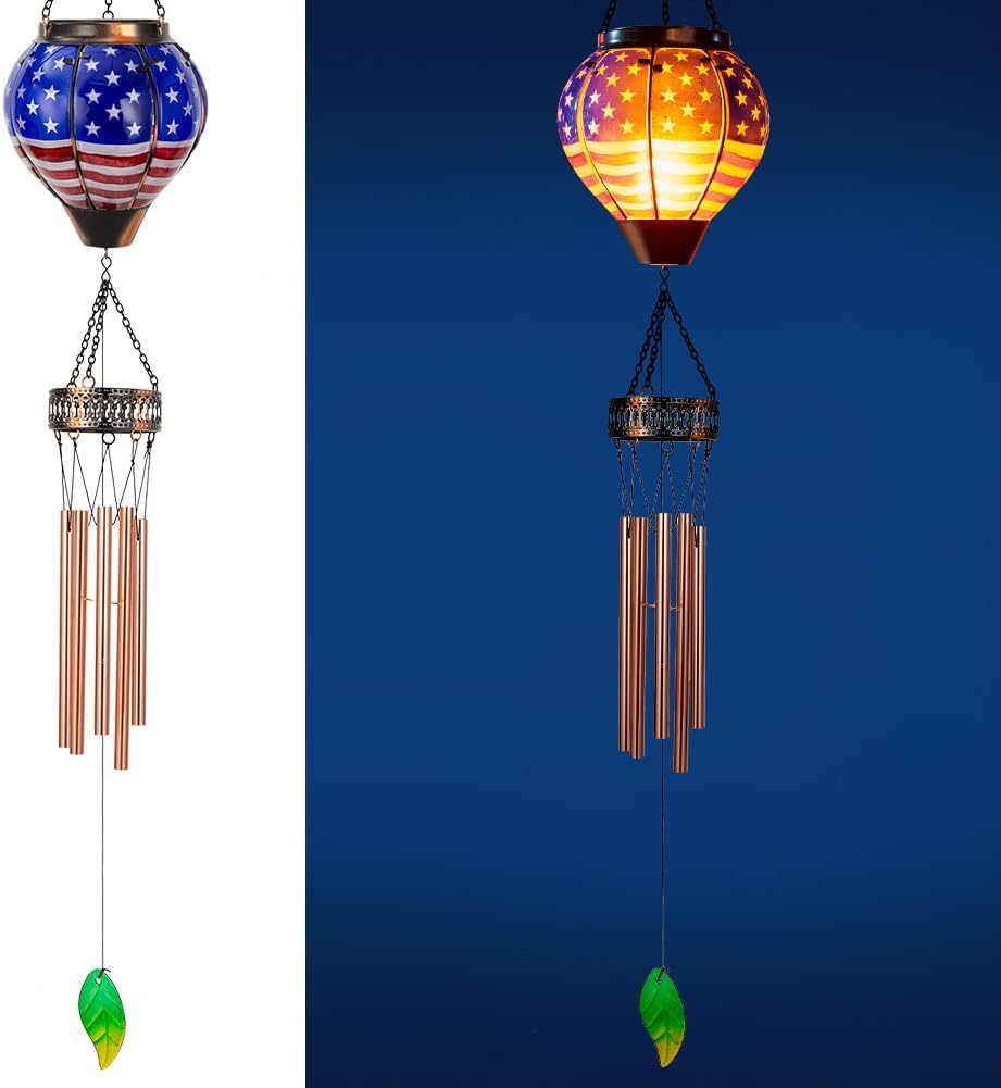 Starsoul Solar Wind Chimes for Outside, American Flag Hot Air Balloon with Flickering Flame Solar Wind Chime, Glass Windchimes Outdoors Garden Decor, Gift for Mother's Day Mom Grandma